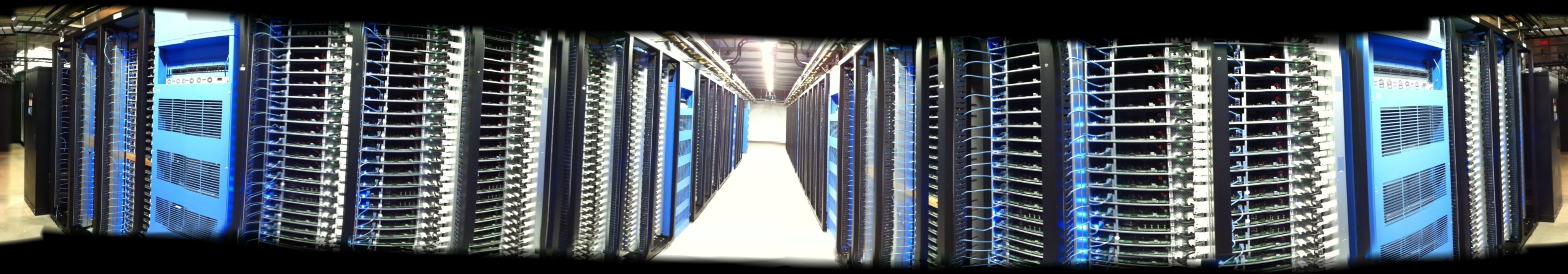 Panoramic Photo of one of the rows of servers inside Facebook's new datacenter